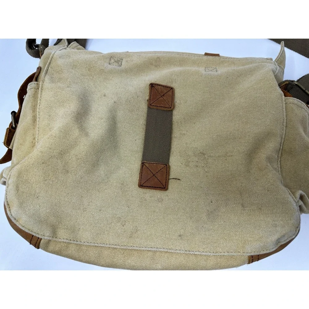 Sechunk Vintage Canvas Messenger Bag Leather Trim Khaki Satchel Laptop Bag Stain